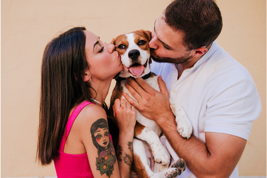 couple kissing dog, russell terrier, happy dog